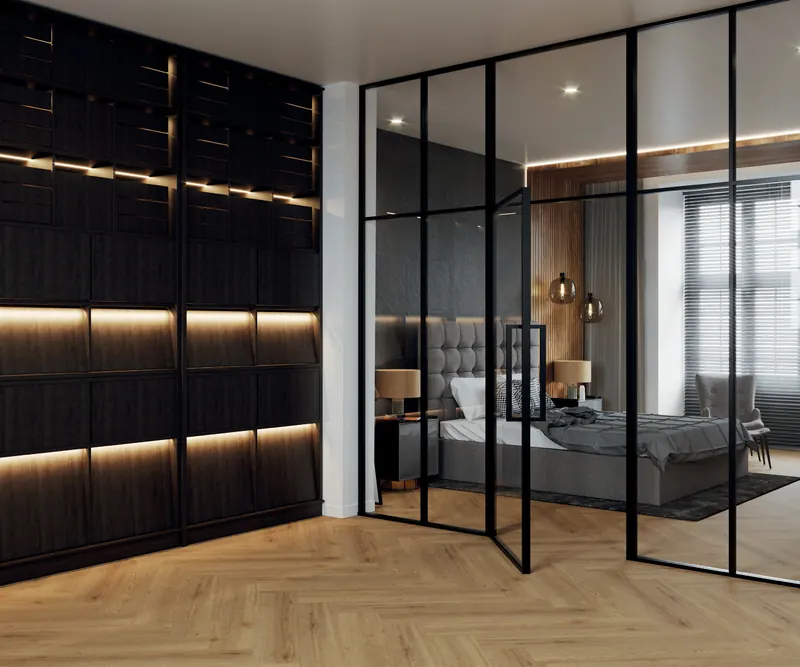 LOBO Stahl-Loft-Wand mit Tür als Raumtrenner zum Schlafbereich