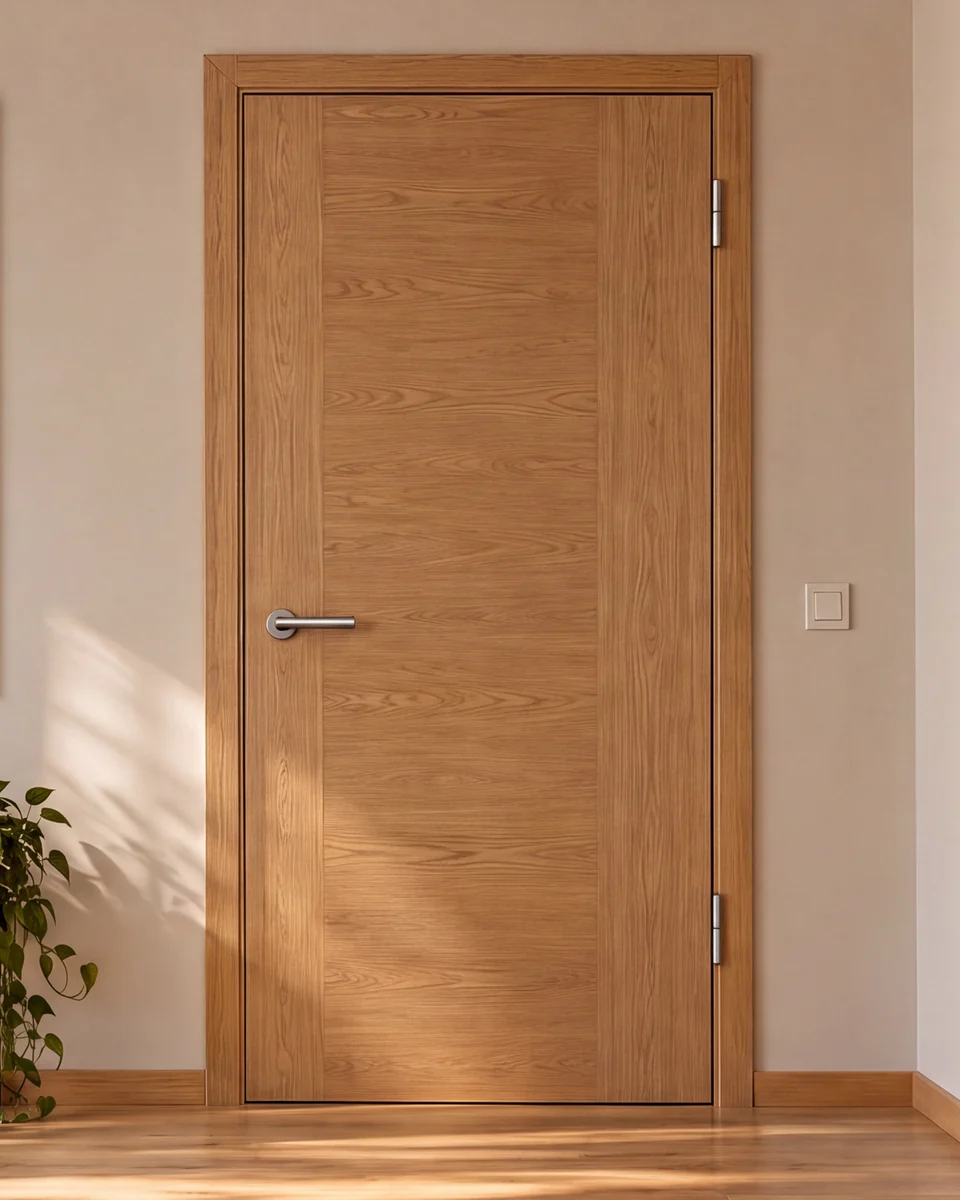 Wohnzimmer mit geschlossener Innentür in Eichenoptik, vollständig mit Zarge (KI-generierte Visualisierung)