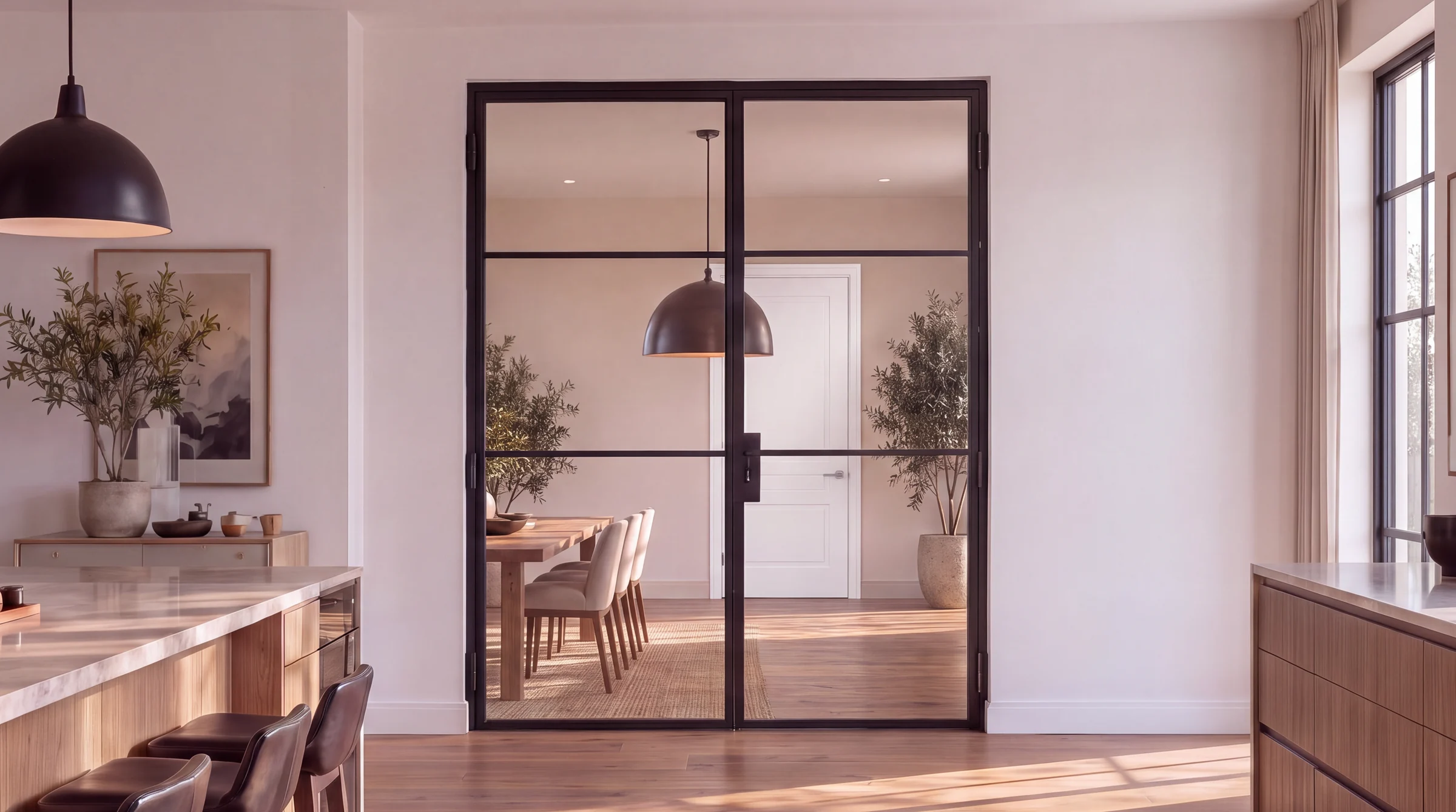 Küche mit geschlossener zweiflügeliger Stahl-Lofttür mit Glas, vollständig mit Zarge (KI-generierte Visualisierung)