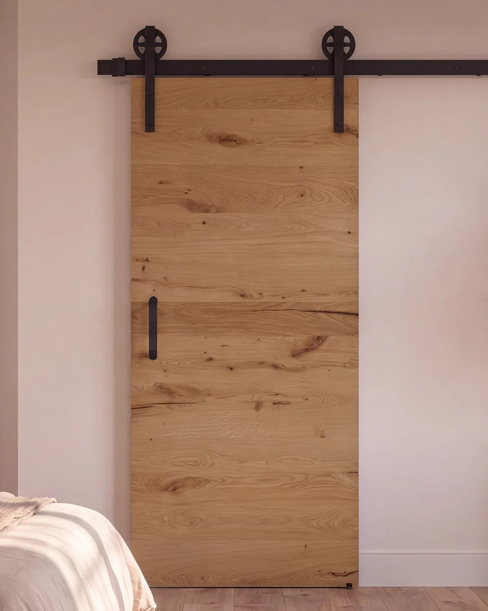 Schlafzimmer mit geschlossener Holzschiebetür in Eiche an schwarzer Laufschiene (KI-generierte Visualisierung)